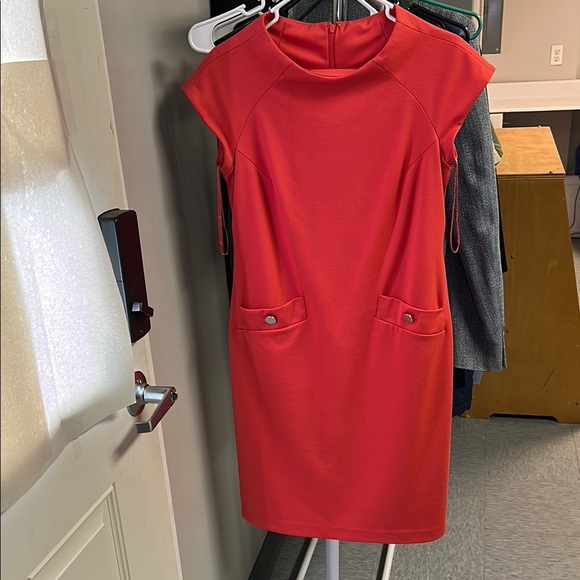 Coral Sheath Mini Dress with Mock Neck and Cap Sleeves - Picture 4 of 4